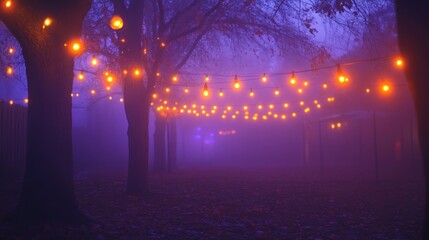 Poster - A misty evening scene with glowing orange lights strung between trees, creating a cozy atmosphere.