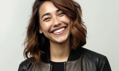 Wall Mural - Portrait of a beautiful smiling young woman in a leather jacket on a white background