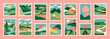 © Dedraw Studio - Set of retro nature landscape post card stamp. Vintage style natural environment scenery postage sticker collection, travel destination mail, beautiful tourism scenery. Includes mountain, beach view.
