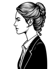 woman in profile wearing a professional suit, detailed hair and facial features sketch engraving generative ai fictional character PNG illustration. Scratch board imitation. Black and white image.