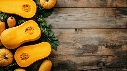 Wall Mural - Freshly cut butternut squash on a rustic wooden surface with natural light illuminating the texture