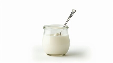 Poster - A small glass jar filled with creamy yogurt sits elegantly on a clean white background. This photo captures simplicity and freshness. Perfect for food blogs and healthy living. AI