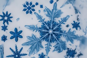 Wall Mural - Detailed Blue Snowflake Patterns on White Background Close-up of Natural Ice Crystals