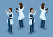 © elizaliv - Trending Isometric Doctors. 3D Female surgeon, Medical worker, hand and foot gestures, front view and back view. Vector Illustration Set 2