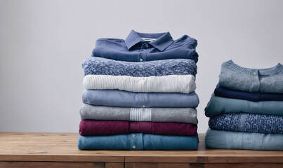 Two stacks of folded clothes, one with a blue shirt on top, sit on a wooden surface