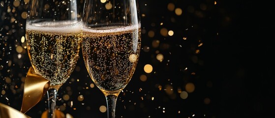 two champagne flutes clink together with confetti falling in celebration on a dark background