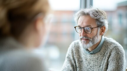 a focused discussion between two people, captured indoors with natural lighting. the image highlight