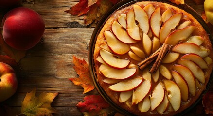 Wall Mural - Delicious homemade apple tart with fresh slices arranged decoratively against a rustic backdrop