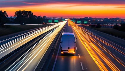 Dynamic dusk drive of a white van amid vibrant streaks of light on a bustling highway