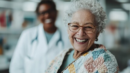 A cheerful elderly woman, wearing glasses, smiles brightly with a medical professional in the background, epitomizing health, happiness, and positive patient-care relationships.