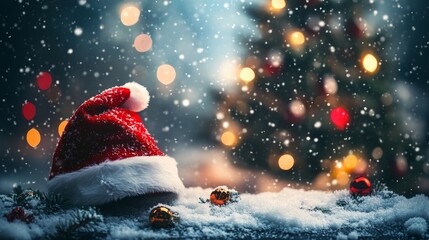 Wall Mural - A magical Christmas scene featuring a Santa hat resting on snow with twinkling lights and a Christmas tree in the background, symbolizing the joy, celebration, and wonder of the holiday season.