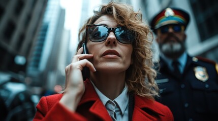 A woman wearing a vivid red coat is speaking on her phone with a police officer standing behind her in an urban city environment filled with tall buildings.