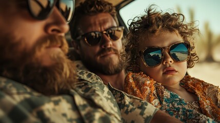 A group of individuals in a vehicle, one of whom is wearing a military uniform, looking out into the distance, embarking on a journey or mission together.