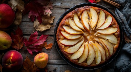 Wall Mural - Delicious homemade apple tart with fresh slices arranged decoratively against a rustic backdrop