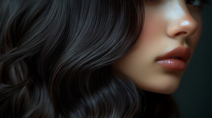 Wall Mural - Close-up portrait of a young woman with long wavy dark hair, focusing on her lips and nose.