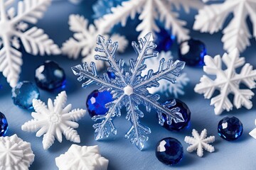 Wall Mural - Unique Blue and White Snowflake Designs Intricate Crystal Patterns for a Winter Wonderland