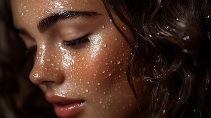 Wall Mural - Close-up portrait of a young woman with water droplets on her face and hair, looking down.