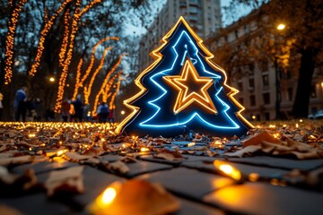 Christmas lights forming the shape of a Christmas tree, glowing brightly in a city park, surrounded by families enjoying the holiday season