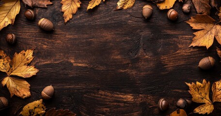 Poster - Autumn leaves and acorns arranged on a rustic wooden table creating a seasonal display