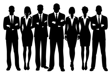 Group of Business Men and Women Silhouettes in Suits and Dresses. Silhouette of confident business people, business team silhouette.