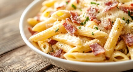 Wall Mural - Creamy penne pasta with crispy bacon served in a bowl, perfect for a hearty meal at any time