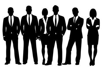 Group of Business Men and Women Silhouettes in Suits and Dresses. Silhouette of confident business people, business team silhouette.