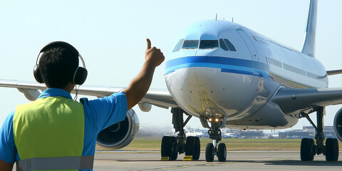 a ground crew staff in an airfield showing the signal to the aircraft for the parking direction. gen