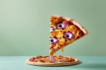 Wall Mural - levitating slice of Hawaiian pizza against a clean background