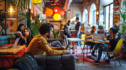 Entrepreneurs collaborating in a vibrant coworking space.