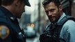 © Maximages  - Two police officers, one looking serious and the other focused, have an important discussion while standing in an urban setting, portraying the gravity of their duty and protection.