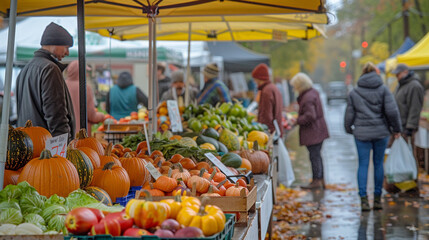 First day of fall at a farmer’s market, with pumpkins, fresh produce, and people bundled up in light jackets.