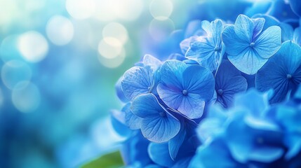 Wall Mural - Delicate blue hydrangea blooms captured in soft focus during early morning light