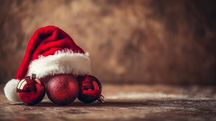 Wall Mural - A red Santa hat sits on a wooden surface with three red Christmas ornaments, symbolizing the spirit of Christmas, joy, celebration, warmth, and festivity.