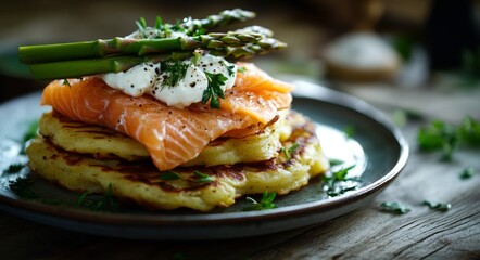 Delicious salmon with asparagus on potato pancakes garnished with herbs in a rustic setting