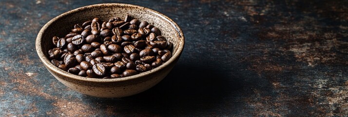 A rustic wooden bowl overflowing with roasted coffee beans sits on a dark background, symbolizing the rich aroma of freshly brewed coffee, the tradition of coffee culture