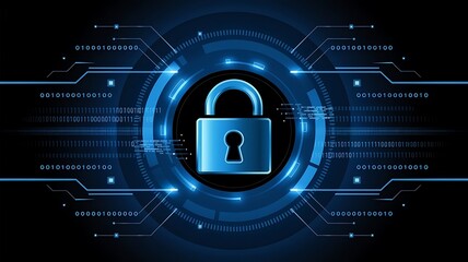 A digital padlock illustration with binary code and futuristic circles on a blue and white background, concept of cybersecurity