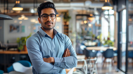 South Asian man in business casual attire, standing confidently in front of a tech company office, ready for success.