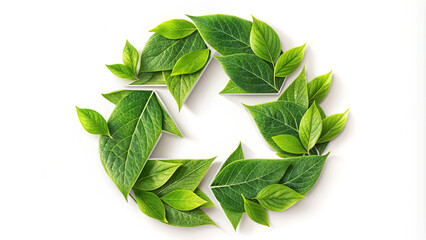 Fresh green leaves are artistically arranged into a recycling symbol, highlighting eco-friendliness and the importance of sustainability in nature and daily life