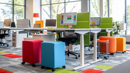 Spacious office with standing desks and vibrant color accents.