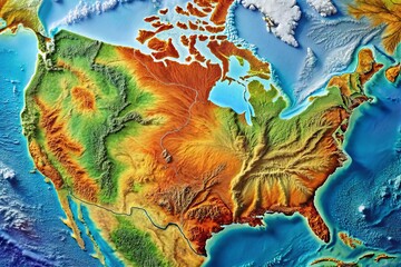 Wall Mural - Topographic map of North America illustrates varying terrain, with mountain ranges, valleys, and coastlines, showcasing