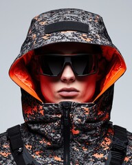 Stylish camo jacket with vibrant orange hood lining