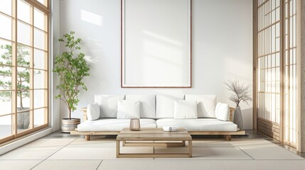 Wall Mural - Elegant modern japanese inspired living room with minimalist design and rustic elements