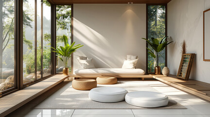 Wall Mural - Living room with minimalist design, focusing on natural materials and serene aesthetic. Generative AI.