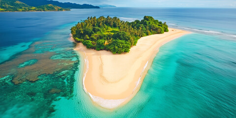 Paradise island, Aerial view of a small tropical island with cool sand and palm trees. Room for text or copy space