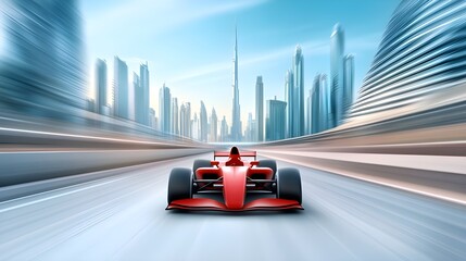 Formula One Racing Event Poster. Essence of Formula One race with a high-speed car on track with bustling city in background 