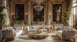 © visoot - A lavish living room with luxurious sofas, marble coffee tables adorned in gold and silver accents, elegant chandeliers, creating an atmosphere of opulence and grandeur. Generative AI.