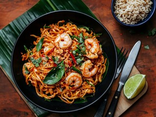 Wall Mural - Overhead View of Spicy Shrimp Pad See Ew with Basil Lime Wedge on Wooden Table