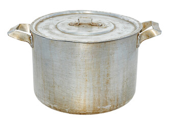 Aluminum metal pot with rust on white background. Isolate of pot with lid