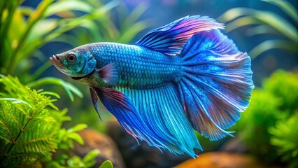 Vibrant blue beta fish with a majestic, flowing tail swims in a shallow, well-planted aquarium, its iridescent scales