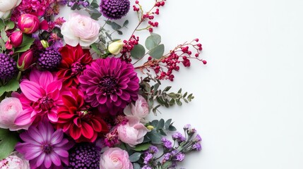 A stunning bouquet of pink and purple flowers arranged against a white background. The bouquet features a variety of flowers, including dahlias, roses